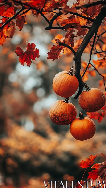 Pumpkins suspended from tree branch amid autumn foliage.