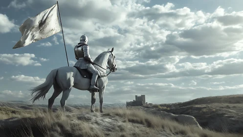 Armored knight on horseback surveying distant stone castle.