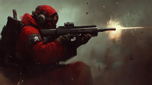 Armed operative in tactical red suit fires rifle with muzzle flash