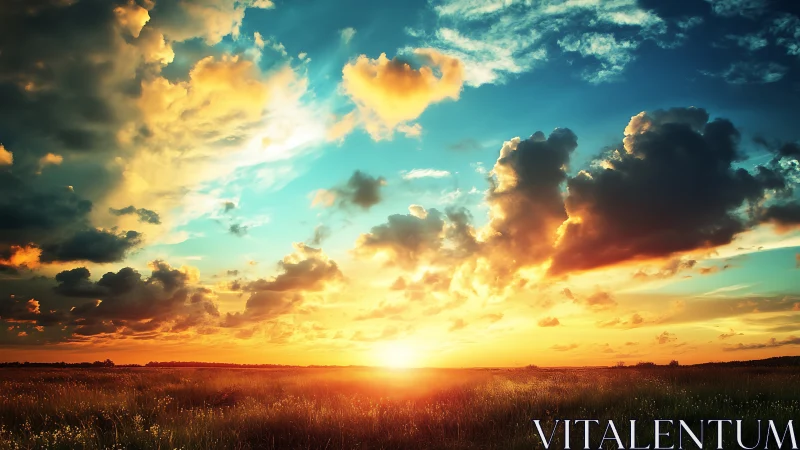 Radiant prairie sunset beneath sculpted stormlit clouds.