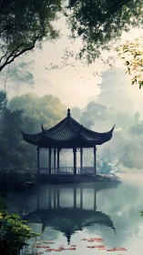 Misty lakeside pavilion with serene temple backdrop.