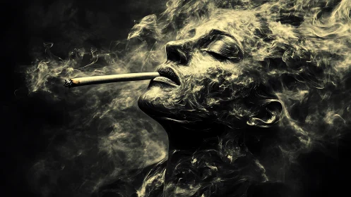 Vaporized portrait of smoking woman rendered in swirling luminance