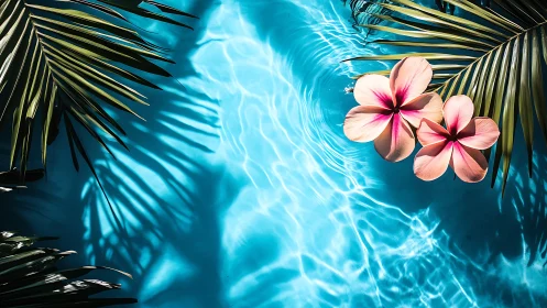 Pink Tropical Flowers Floating Over Azure Pool Water.