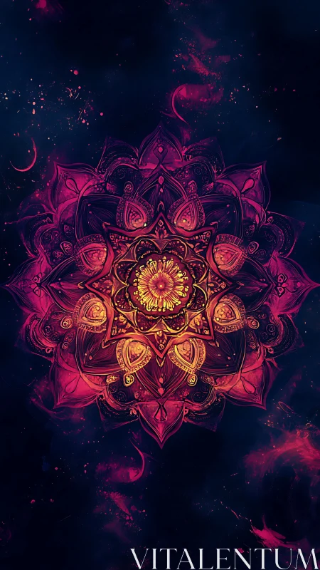 Ornate glowing mandala design radiates over dark nebula