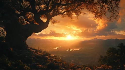 Ancient hilltop tree cradles a glowing fantasy valley sunset.