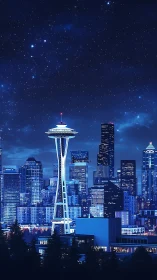 Space Needle rises over neon-lit Seattle skyline at night.