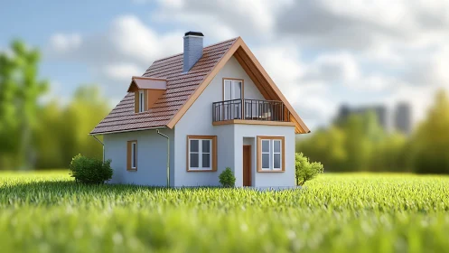 Suburban gable-roof microhouse in shallow DOF fieldscape.