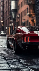 Crimson classic fastback resting in a rain-soaked city lane.