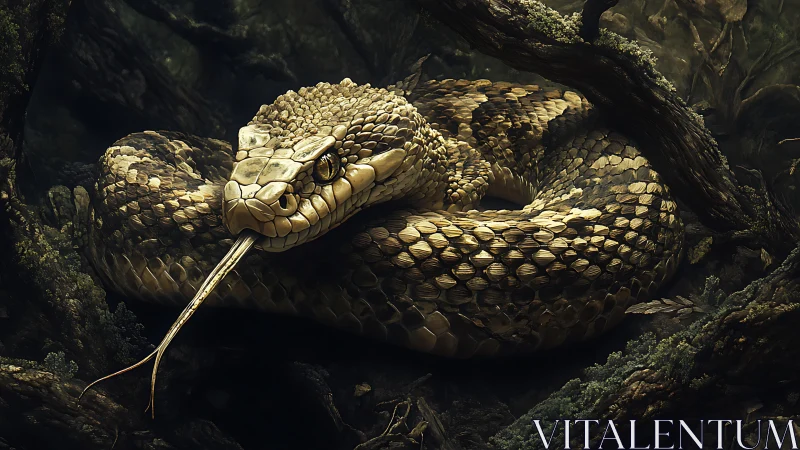 Macro-detailed forest viper coiled in defensive readiness pose.