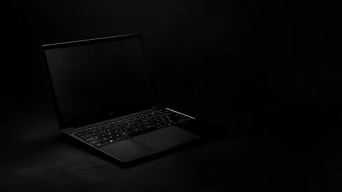 Midnight laptop waits quietly in a pool of sculpted light