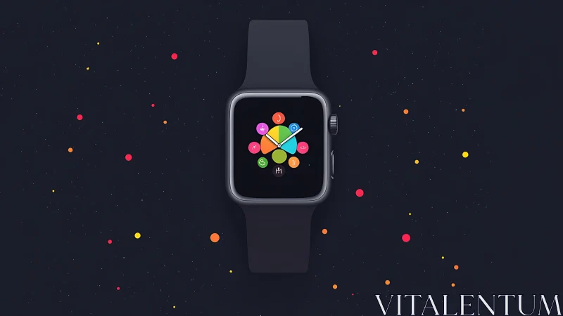 Smartwatch with colorful circular interface on dark field.