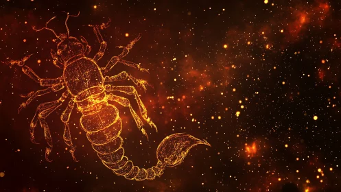 Star-forged cosmic scorpion drifts through ember-specked void