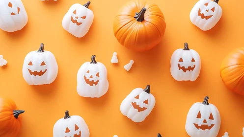 Playful white jack-o’-lanterns scatter on bright orange backdrop.