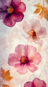 Botanical artwork displays cosmos flowers with layered pink petals