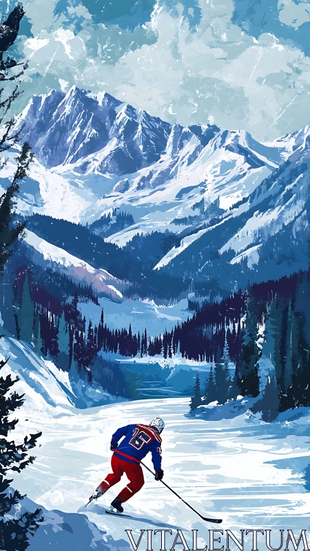 Alpine Hockey Player Navigating Snowy Mountain Wilderness.