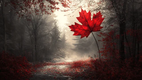 Crimson maple sentinel guarding a mist-lit forest path.