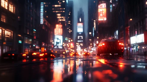 Night rain city street reflects neon car lights in motion