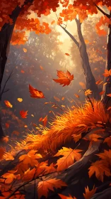 Golden autumn leaves dancing through a glowing forest path.