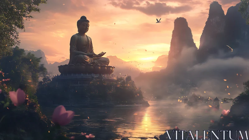 Large Buddha statue over misty river at vivid sunset.