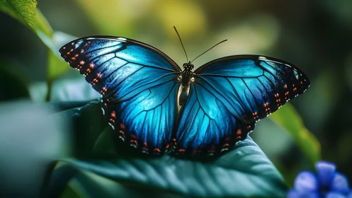 Blue morpho butterfly spreads iridescent wings on leaf.