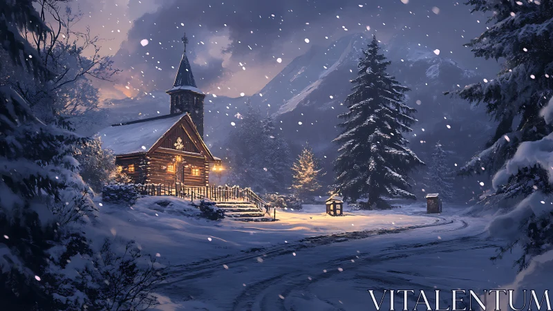 Snowy mountain cabin with warm lights in winter night