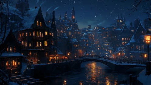 Snow-covered riverside town with illuminated bridge at night.