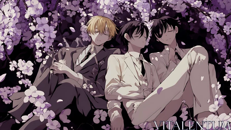 Three suited boys rest under violet cherry blossoms.