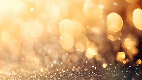 Golden bokeh orbs over shimmering festive surface.