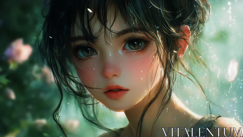 Wet-haired anime girl portrait shows detailed water droplets