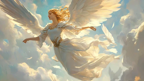 Luminous winged figure gliding through stratified celestial clouds.