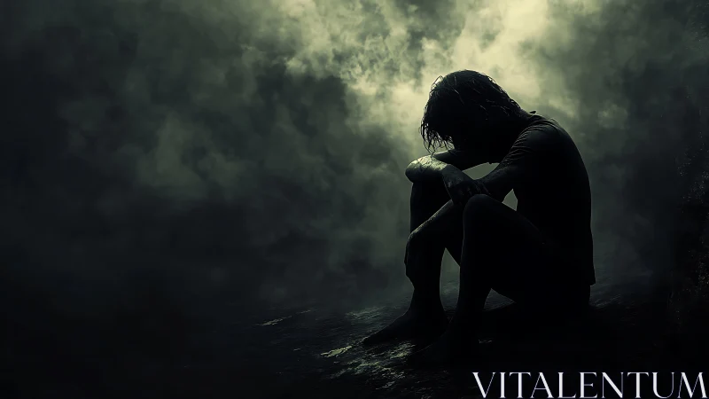 Solitary figure sits in darkness beneath stormy illuminated sky