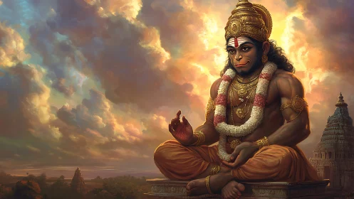 Radiant Hanuman seated in peaceful golden evening light.