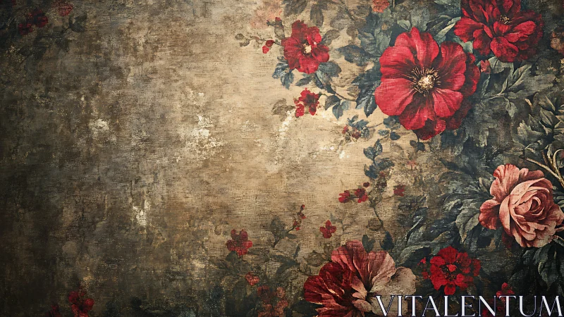Aged floral mural displays red blossoms on distressed canvas