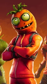 Cartoon orange-headed gamer hero in bold red suit.