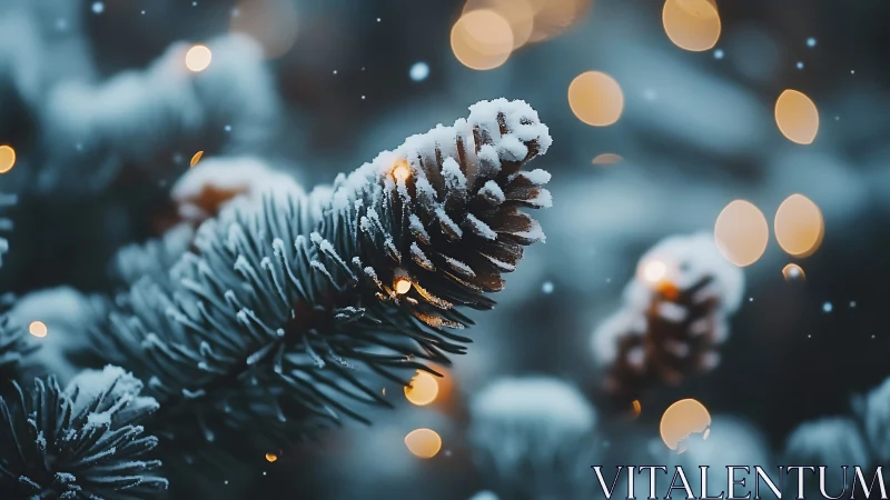 Snow-dusted pinecone glows amid dreamy winter bokeh lights.