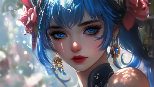 Blue haired daydreamer with jewel bright eyes and flowers.