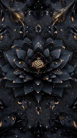 Midnight lotus crowned in molten gold and cosmic dust.
