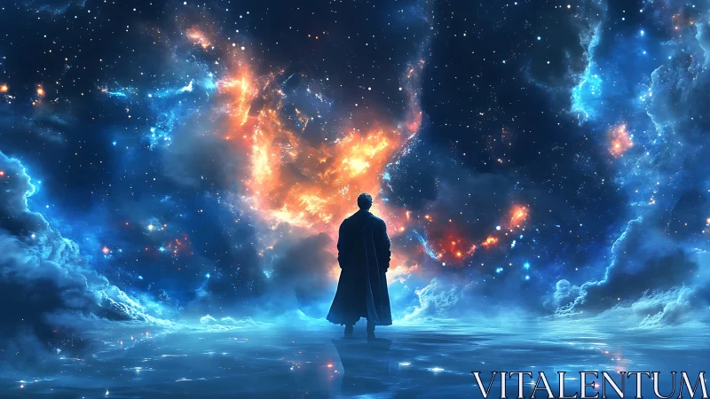 Backlit observer surveying bifurcated nebular starfield horizon.