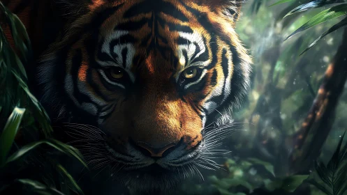 Golden-eyed tiger gazes calmly from lush jungle shadows