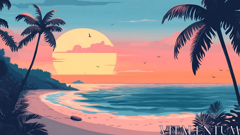 Neon-tinted tropical sunset drifting over a calm blue shore.