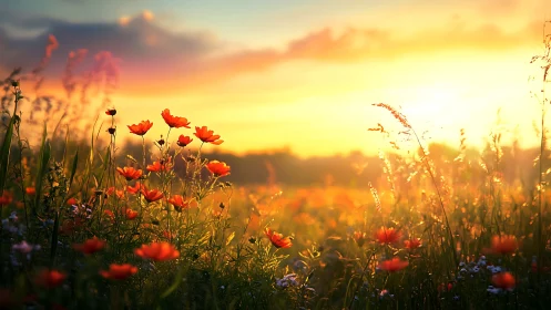 Sunlit wildflower field exhibits strong backlighting at dawn