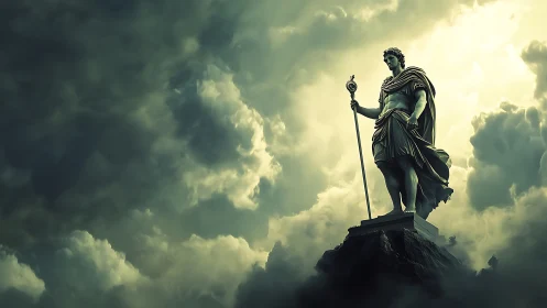 Monumental godlike statue dominates a storm-lit cloudscape