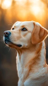 Close-up side profile records golden dog in warm backlight