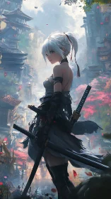 White-haired katana warrior in misty neon samurai district.