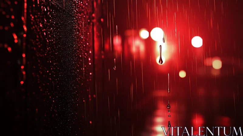 Raindrops drift through soft red city lights at night