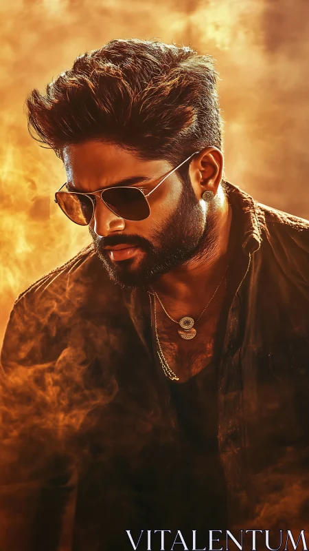 Cinematic male portrait in amber smoke with rim lighting glow.