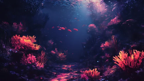 Digital underwater reef scene shows coral and small fish