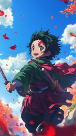 Anime swordsman running under bright blue autumn sky.