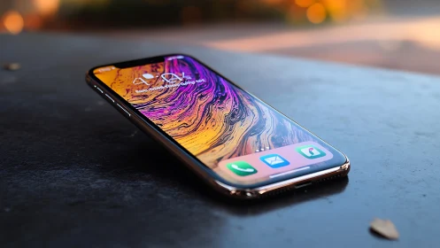 Smartphone displaying abstract fluid interface on textured surface.