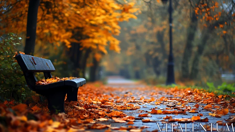 Empty park bench beside leaf-covered autumn pathway.